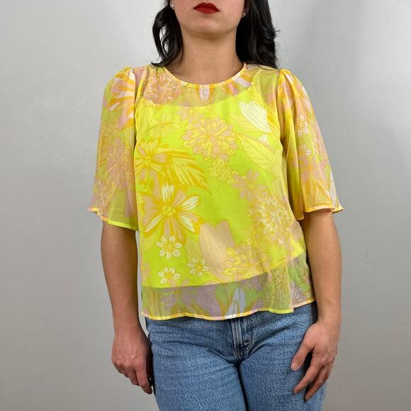 Modcloth Fluttering Outta Sight Blouse in Neon Yellow Floral - Picture 5 of 9